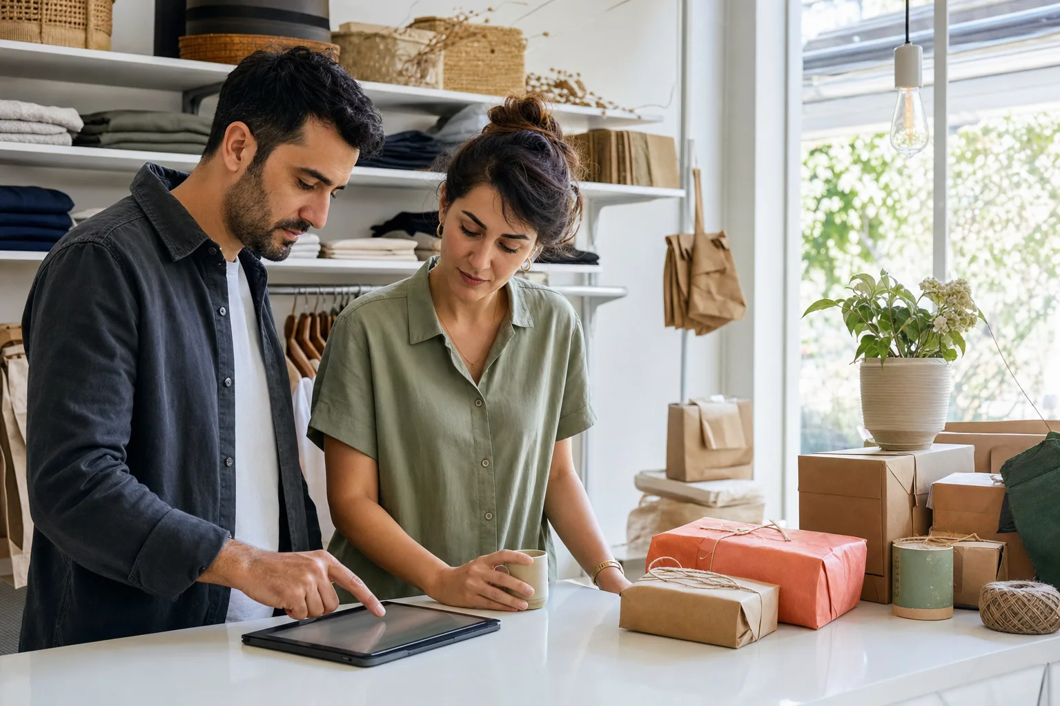 Tablet üzerinden sipariş akışını inceleyen iki butik işletme çalışanı